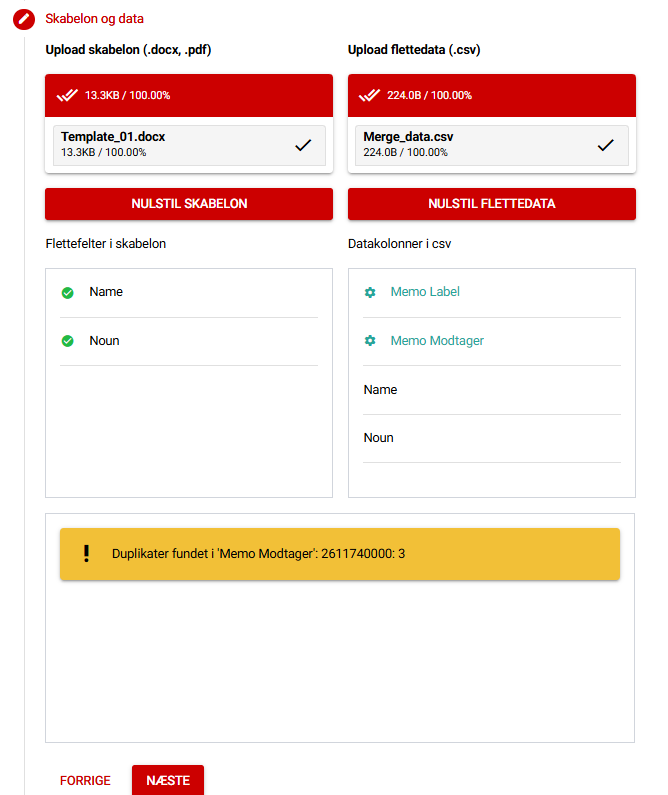 Skabelon og data udfyldt