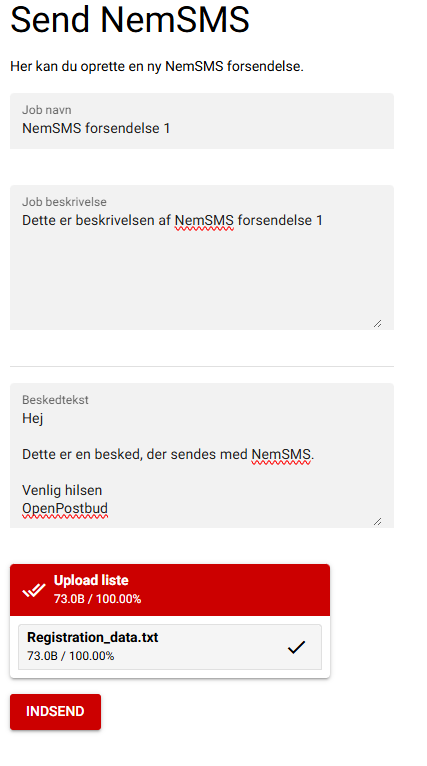 Ny NemSMS forsendelse